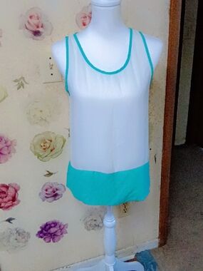 Sleeveless White Tank with Teal Trim and Hem